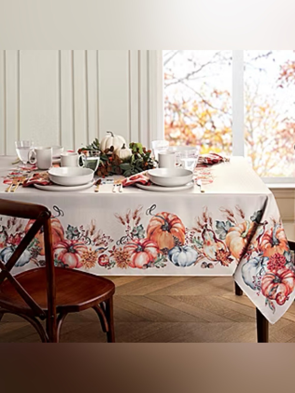 Autumn Harvest Pumpkin Border Tablecloth - White/Orange
